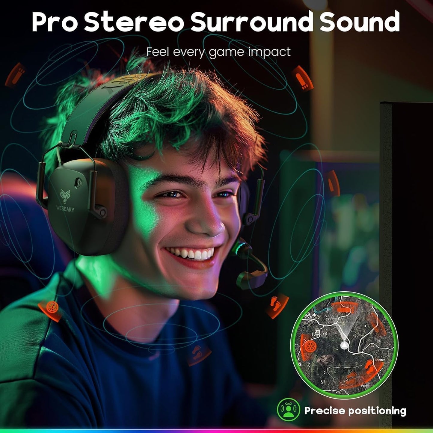 WESEARY Wireless 2.4GHz Gaming Headset for PS5, PS4, Mac, Switch, Mobile, Gaming Headphones with Crystal-Clear ENC Mic, Bluetooth 5.4, Ultra-Low Latency, Stereo Bluetooth Headset for PC