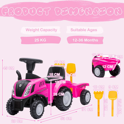 NINODOVAE Ride On Tractor, NEW HOLLAND Licensed car toy, Toddler Sliding Walker with Steering Wheel, horn music&lights for 12-36 months (Pink)