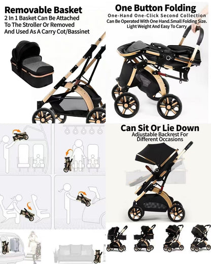 Rexhan Baby Pram, 2 in 1 Foldable Baby Buggy, Reversible Pushchair, All in One Stroller, Newborns, Toddlers, Infants, 0-4 Years, Aluminium Frame, Shock Absorbers, Lightweight