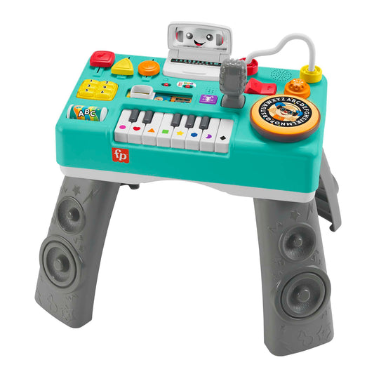 Fisher-Price Laugh & Learn Mix & Learn DJ Table for babies and toddlers, featuring lights, sounds, and musical activities, German version.