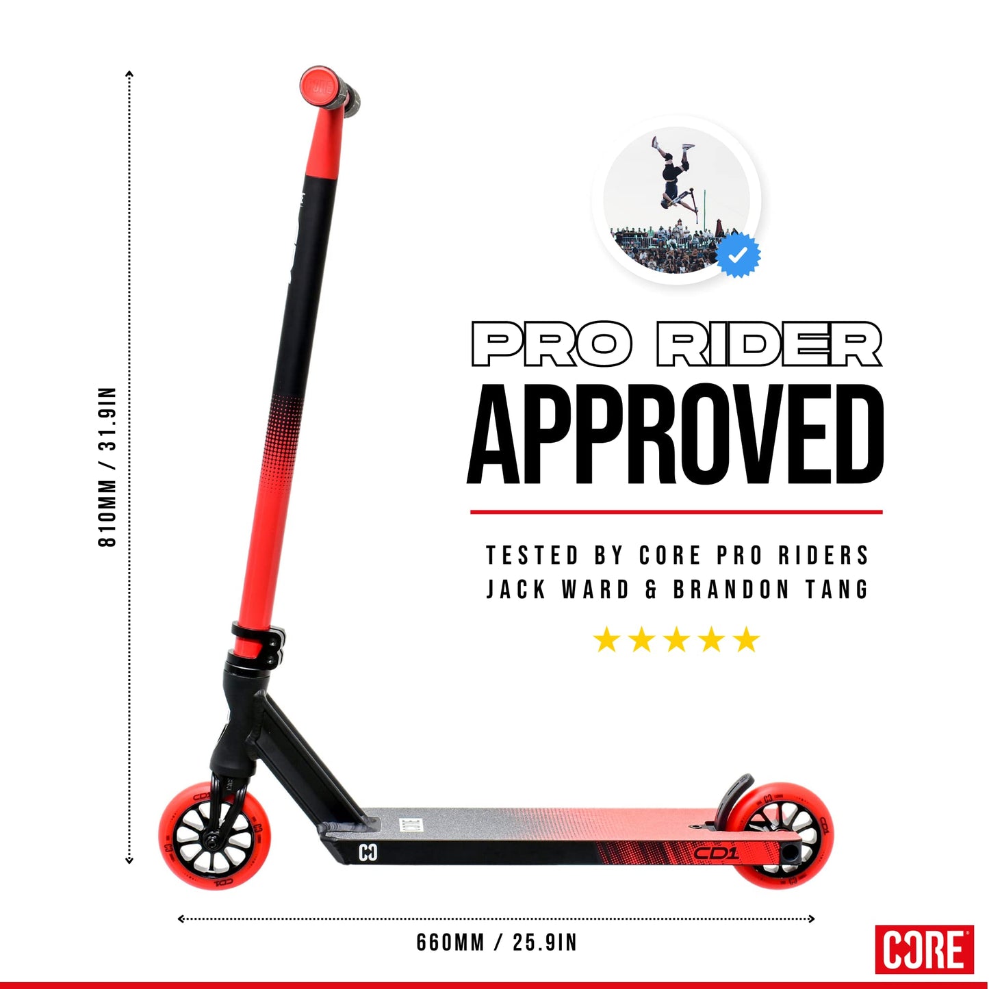 Core CD1 stunt scooter in black and red for kids age 8-12, ideal for freestyle tricks and skatepark riding.