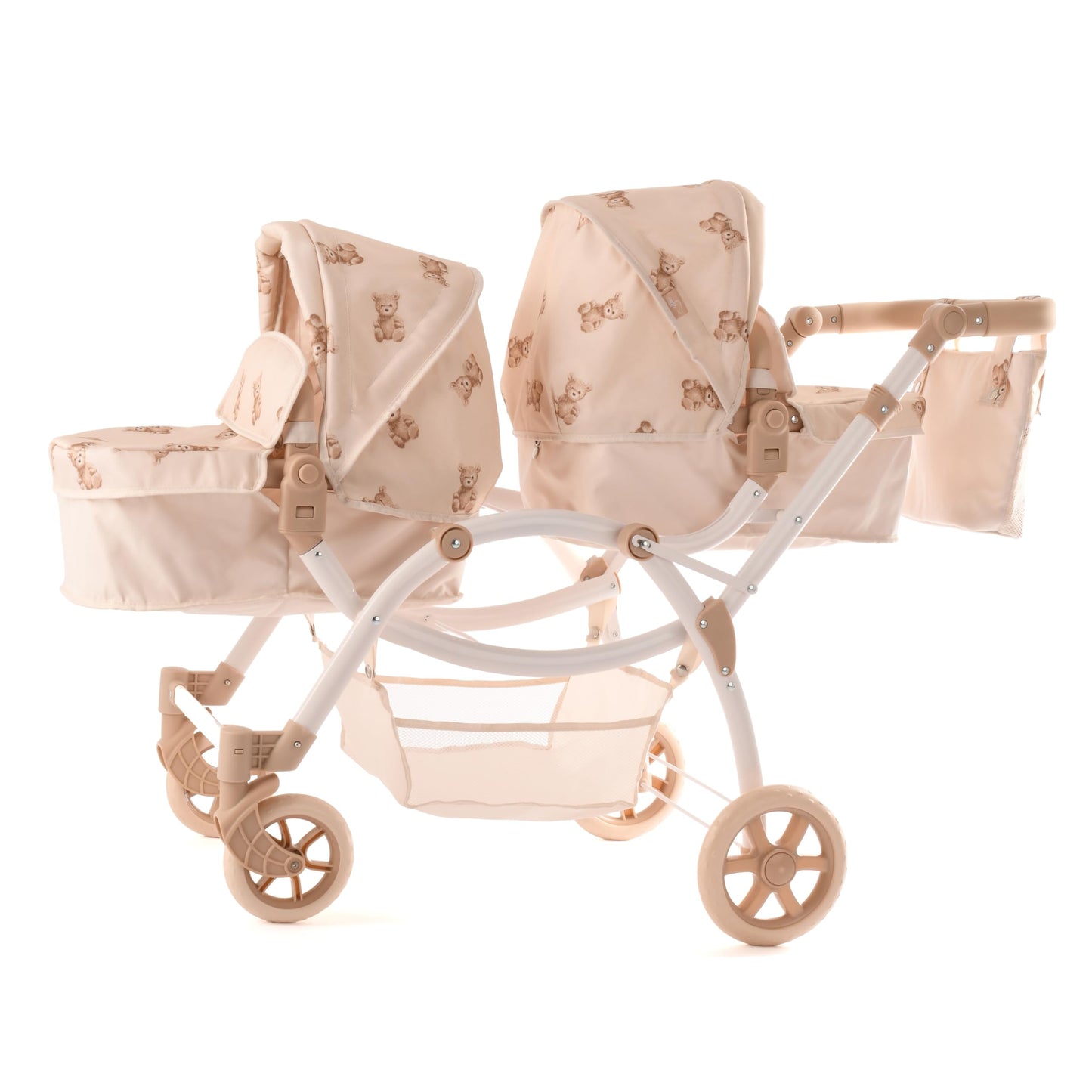 Roma Teddy Twin Dolls Pram - Realistic Double Dolls Pushchair for Ages 3-16, Cream with Teddy Print, Adjustable Handle, 16 Combinations, Ideal Toy Pram for Reborn Dolls, Includes Bag & Basket