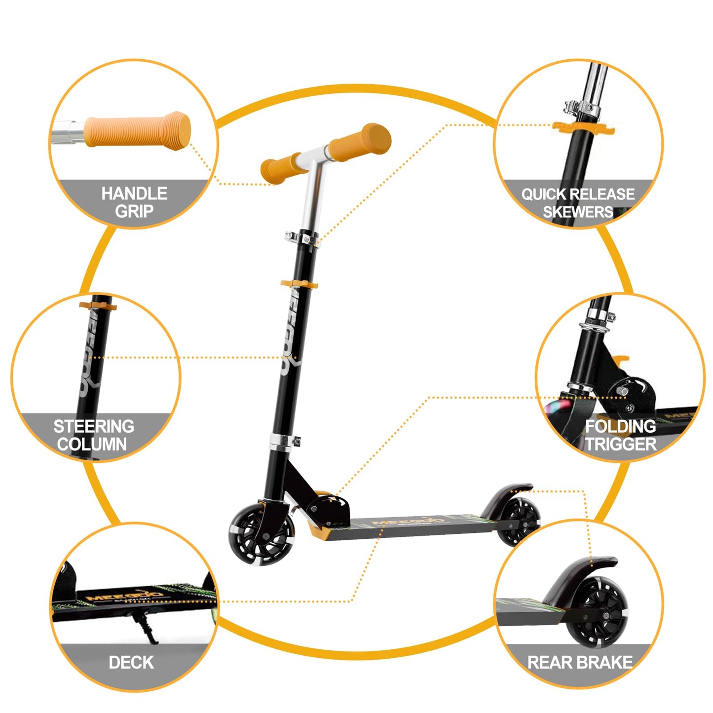 MEE GOO black scooter for kids with light-up wheels, adjustable handlebar, and rear brake, ideal for ages 3 and up.