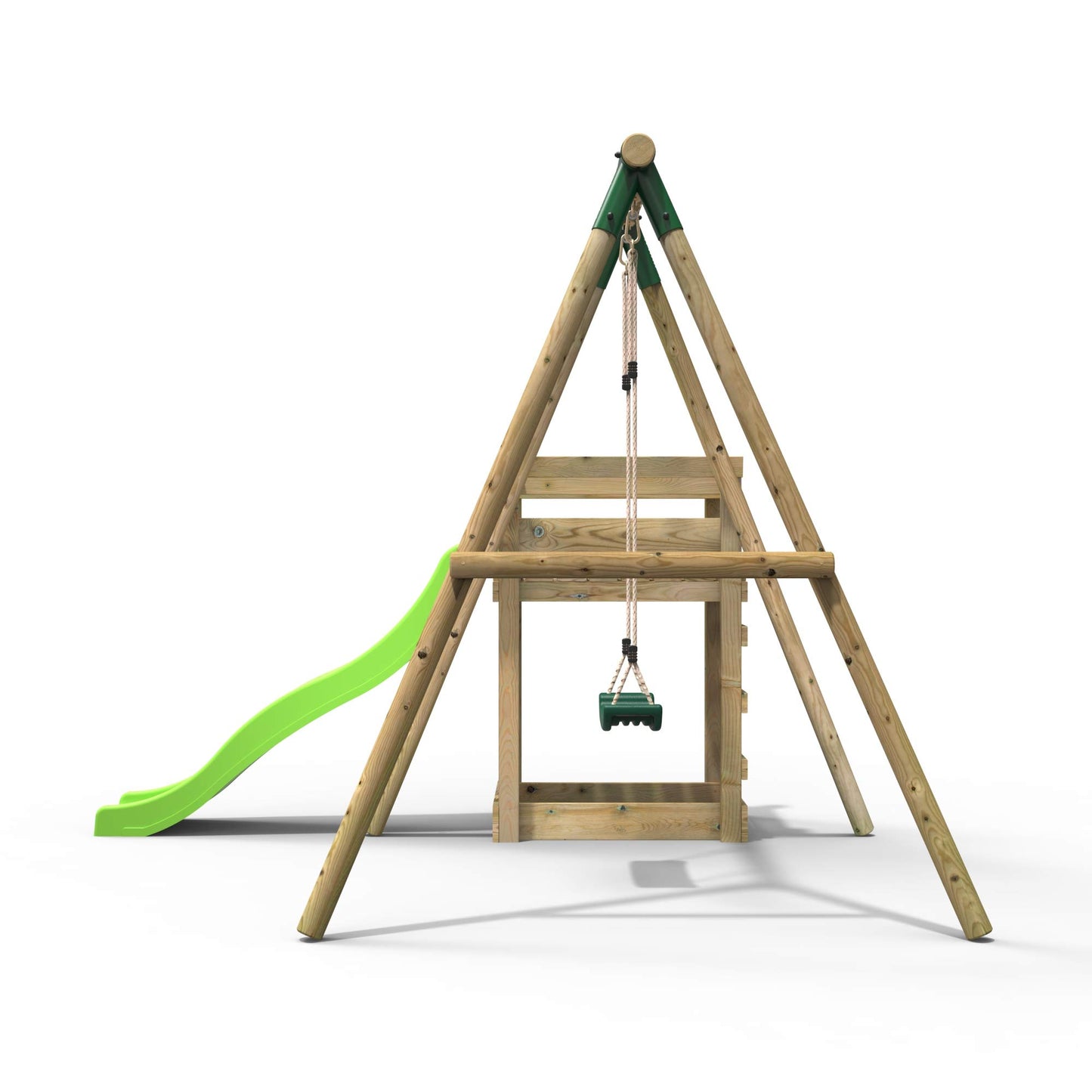 Rebo® Wooden Swing Set Plus Deck and Slide - Solar Green | OutdoorToys | Kids' Playset - Sturdy Construction, Pressure Treated Timber, Soft-Feel Ropes