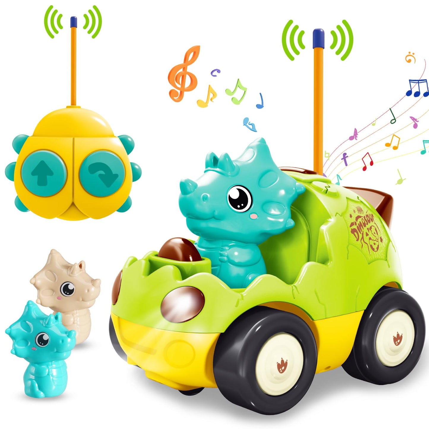 Pup Go Toddler Remote Control Car for Age 18 Months+, 2 Interchangeable Dino Dolls, Lively Music & Lights, First RC Toy for Boys Girls 1-3 Year Olds, Ideal Christmas Birthday Gift (Pastel Green)
