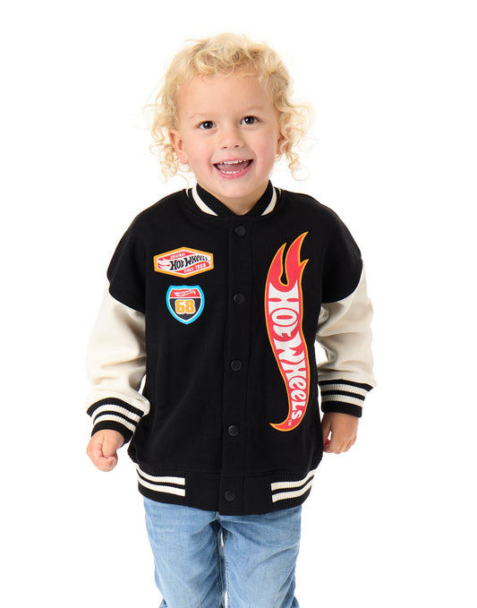 Hot Wheels Boys Bomber Jacket | Kids Flame Logo Graphic Print Varsity Jacket in Black | Childrens Turbo Race Car Print Zipped Baseball Jacket | Model Toy Cars Movie Merchandise Gift