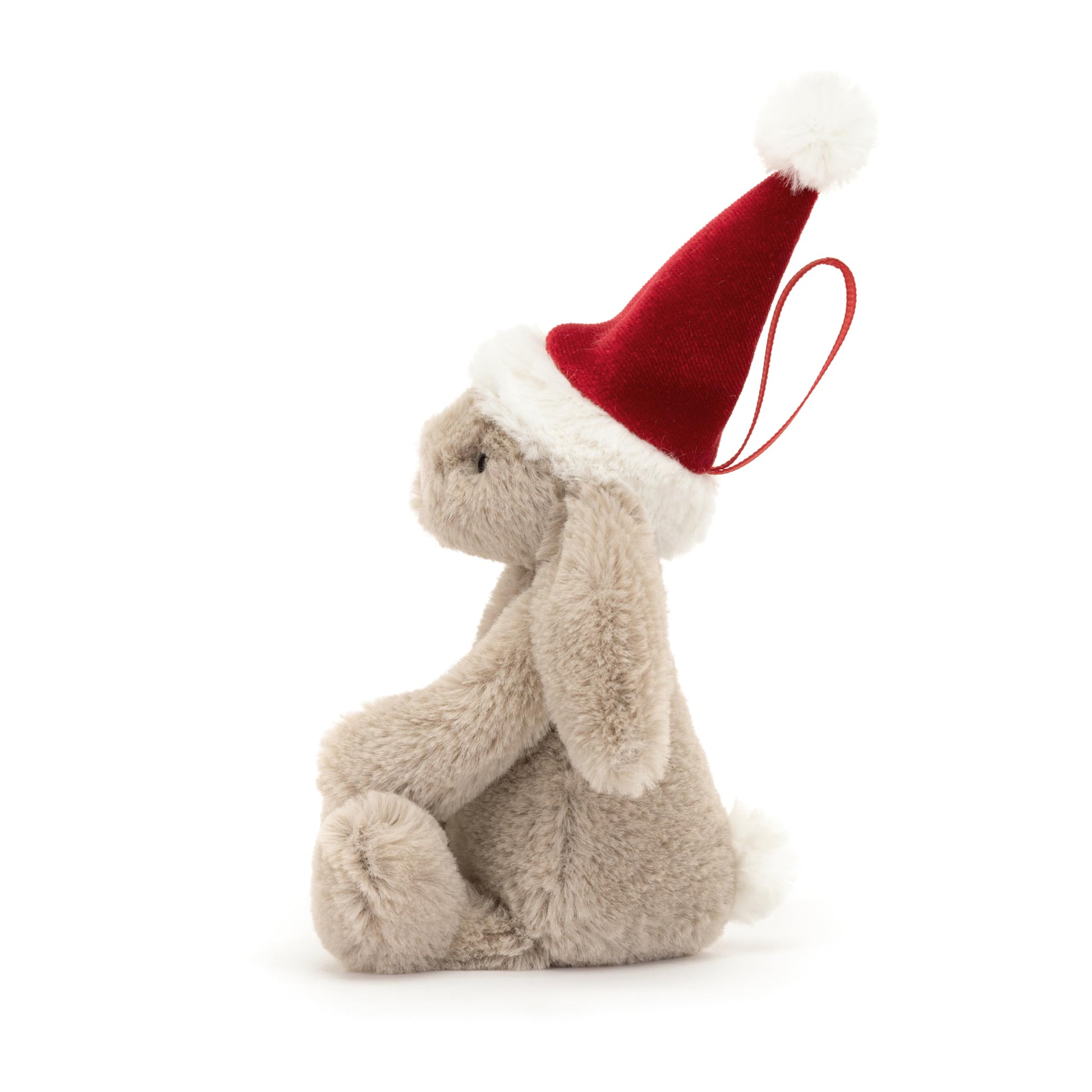 Jellycat Bashful Christmas Bunny Decoration in soft fur, 13 cm tall, with festive details and floppy ears.