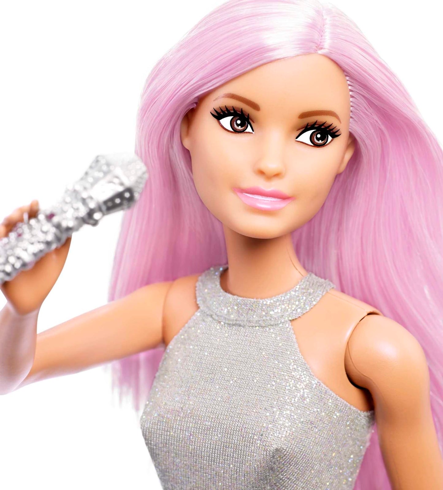 Barbie Pop Star Doll with pink hair, iridescent skirt, and microphone, perfect for imaginative play for kids aged 3 to 7.