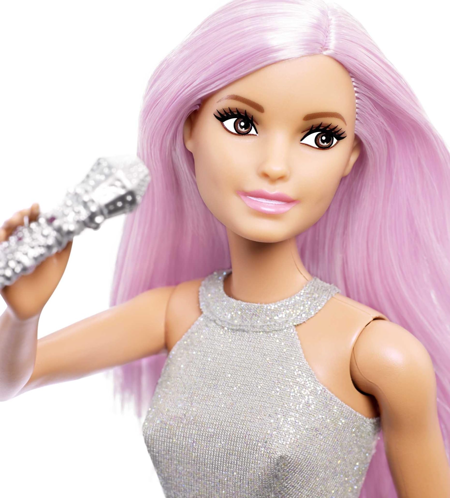 Barbie Pop Star Doll with pink hair, iridescent skirt, and microphone, perfect for imaginative play for kids aged 3 to 7.