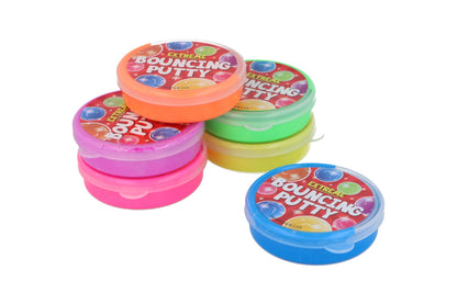 Six assorted color bouncing putty tubs by Henbrandt for kids, perfect as party bag fillers and fun slime toys.