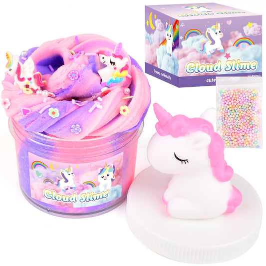 Pink and purple unicorn cloud slime with rainbow charms, soft and stretchy sensory slime toy for kids, by Petyuioyu