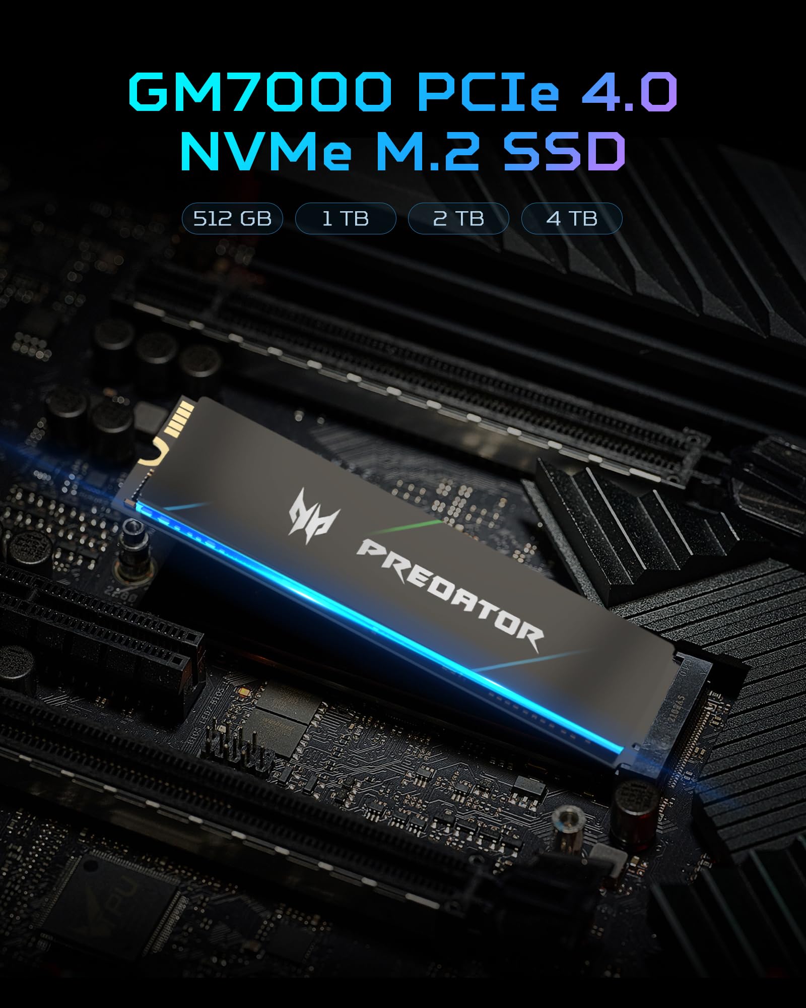 Acer Predator GM7000 1TB PCIe Gen4x4 NVMe M.2 SSD with DRAM cache, showing the internal solid state drive for gaming storage.