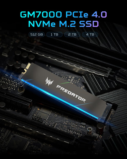 Acer Predator GM7000 1TB PCIe Gen4x4 NVMe M.2 SSD with DRAM cache, showing the internal solid state drive for gaming storage.