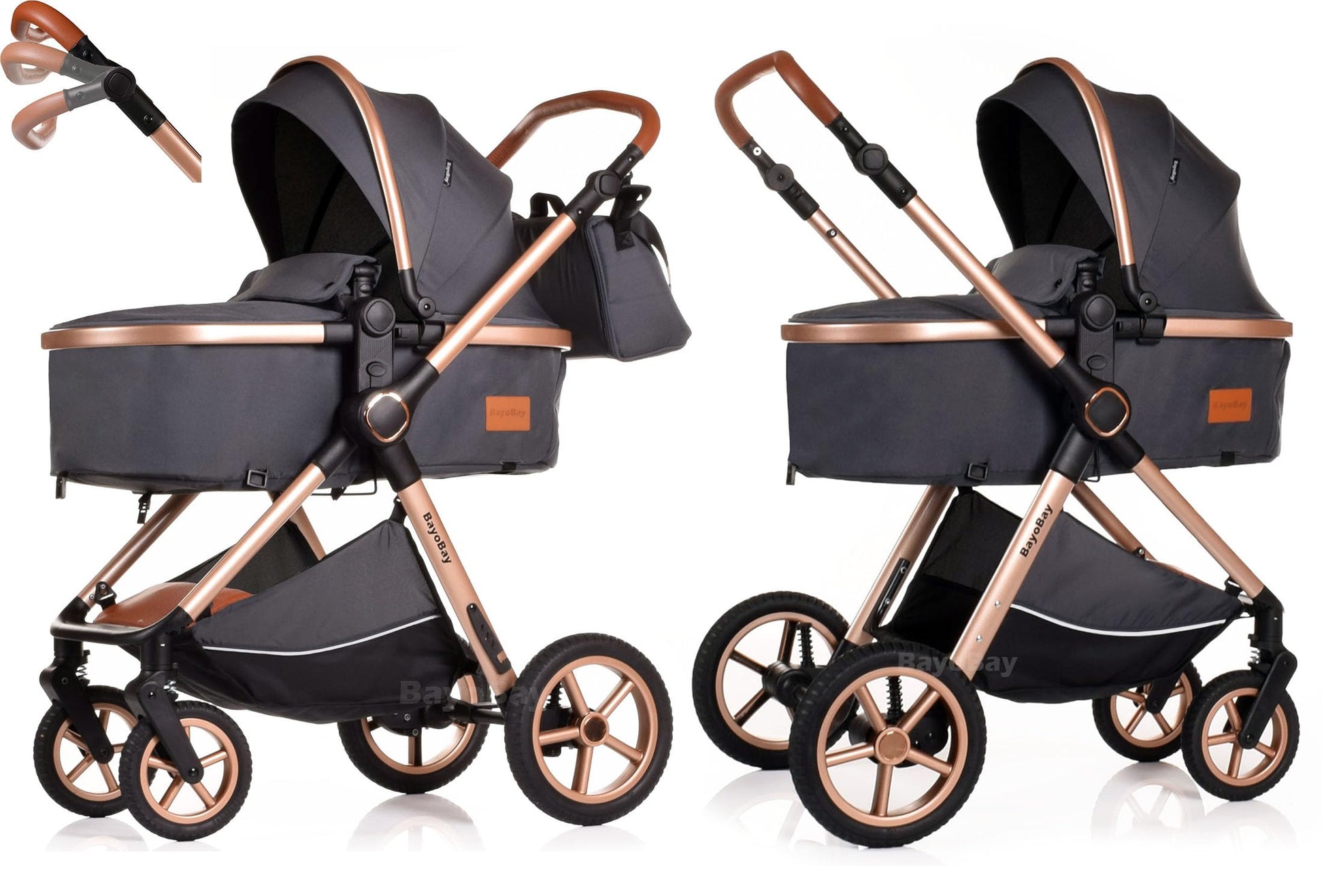 BayoBay 3-in-1 baby buggy pram stroller with car seat and carrycot, lightweight and foldable for newborns and toddlers, grey gold.