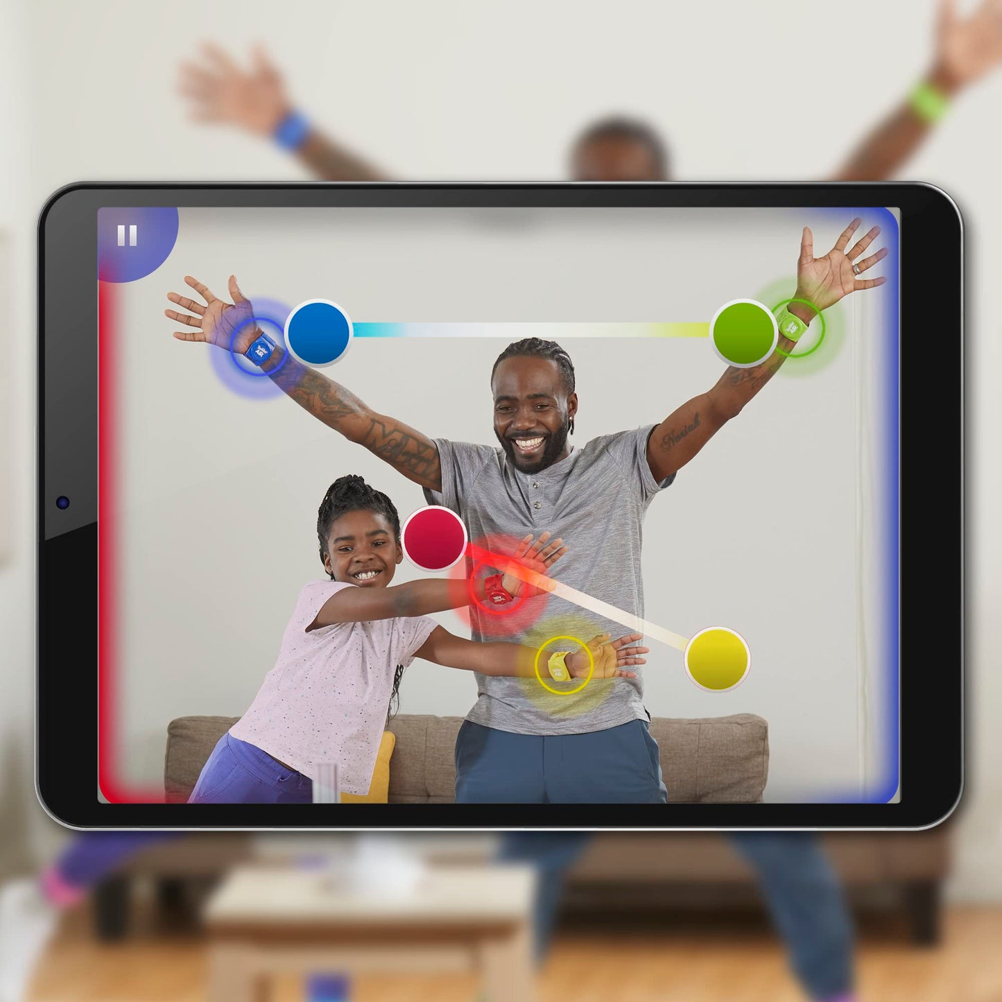 Hasbro Gaming Twister Air Party Game Includes 4 Twister Air Wrist Bands, 4 Twister Air Ankle Bands, Device Stand with clip, base, and post, and Game Rules For Ages 8+ Years