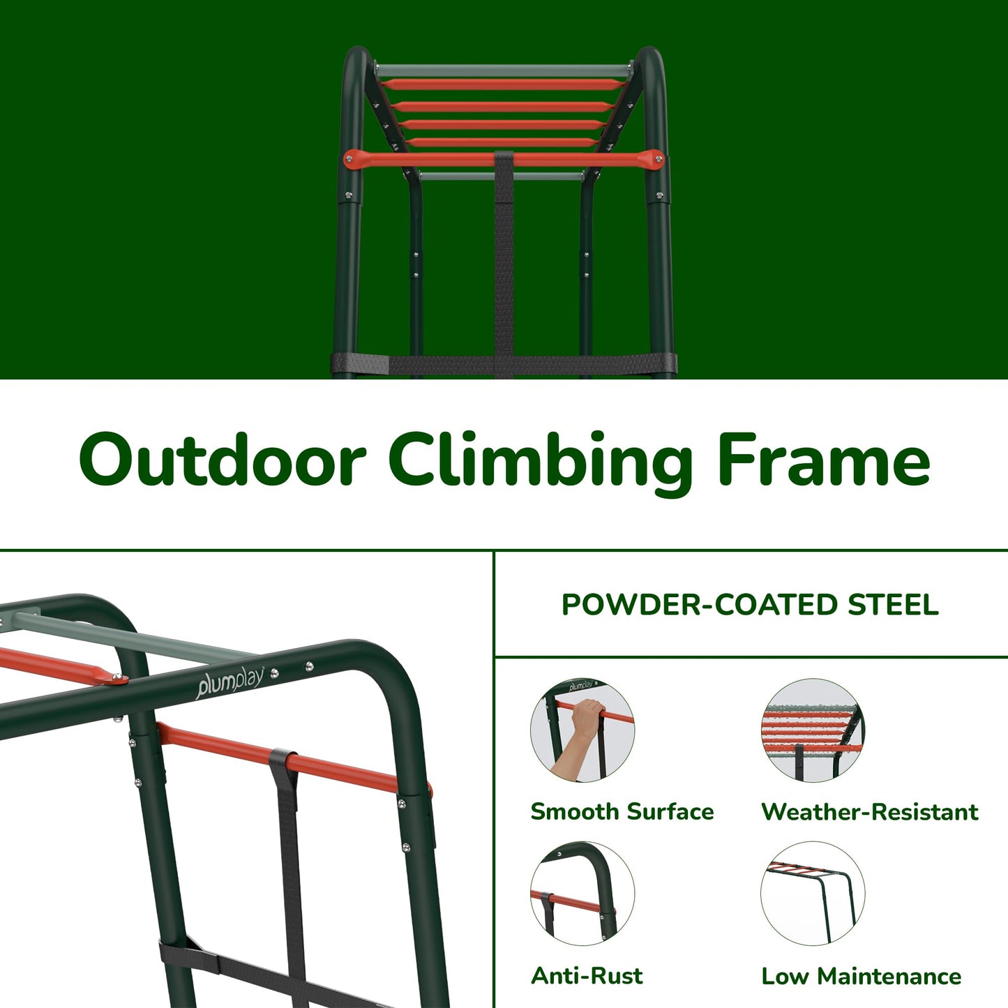 Plum Play Metal Monkey Bars Climbing Frame with Stippled Powder Coating for Extra Grip and Support - Cargo Climbing Net - Max user weight 50kg - Up to 3 users at a time - Min age from 3 years Plus