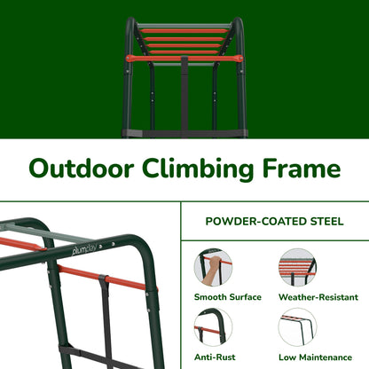 Plum Play Metal Monkey Bars Climbing Frame with Stippled Powder Coating for Extra Grip and Support - Cargo Climbing Net - Max user weight 50kg - Up to 3 users at a time - Min age from 3 years Plus