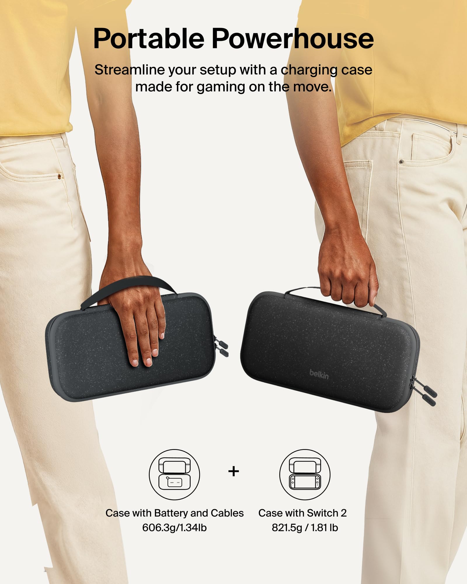 Belkin gaming Nintendo Switch 2 charger case with 10,000mAh power bank, LCD display, 20W fast charging, holder for AirTag and games.