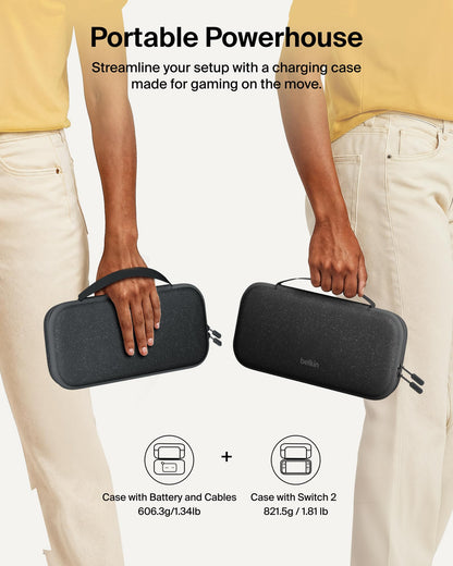 Belkin gaming Nintendo Switch 2 charger case with 10,000mAh power bank, LCD display, 20W fast charging, holder for AirTag and games.