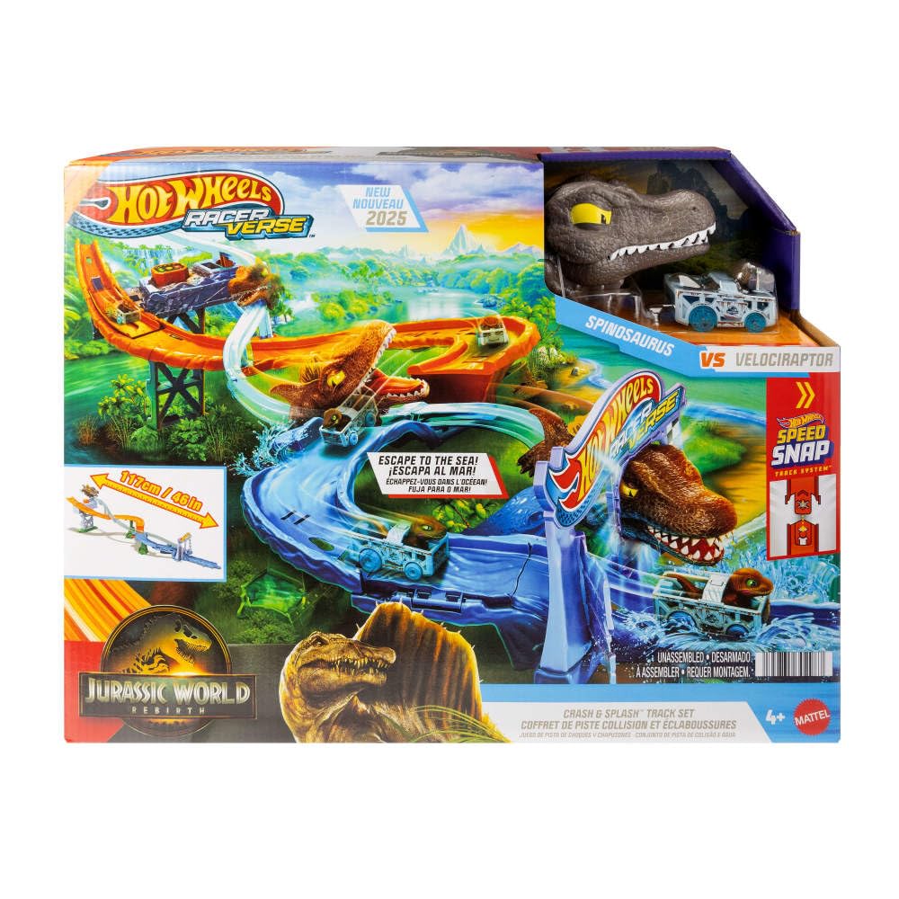 Hot Wheels Toy Car Track Set, RacerVerse Jurassic World Crash & Splash Playset with Die-Cast Velociraptor Vehicle, Dinosaur Race with Spinosaurus, JFP32