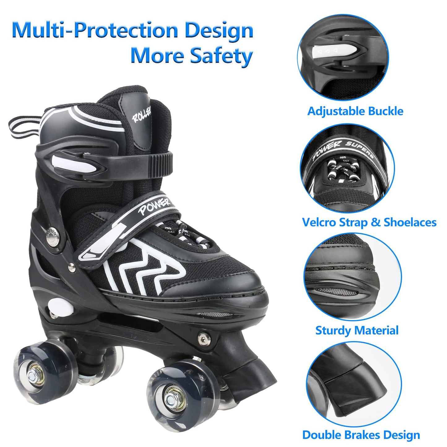 Kids adjustable roller skates for boys and girls with light-up wheels, black and white design, suitable for children aged 4-12.