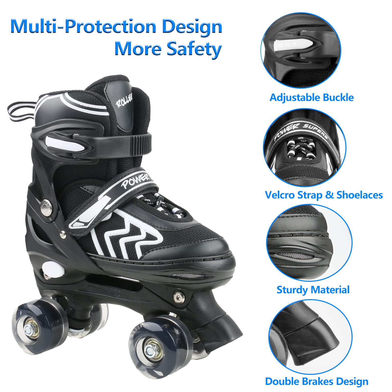 Kids adjustable roller skates for boys and girls with light-up wheels, black and white design, suitable for children aged 4-12.