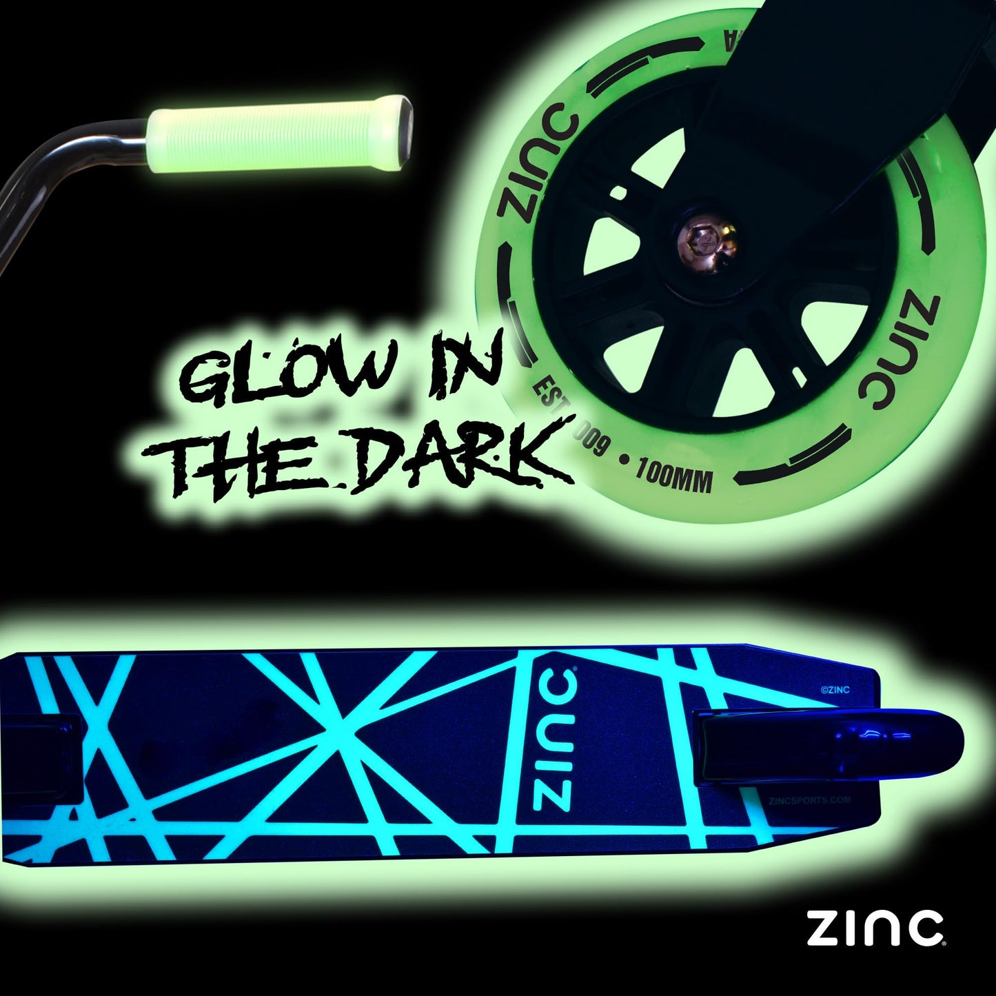 Zinc Thunderglow 2-Wheel Boys Stunt Scooter Age 8+ - Glow-in-the-Dark Pro Seagull Handlebar Design with ABEC-9 Bearings & 100mm PU Wheels - Smooth-Riding Tricks for Kids & Teens