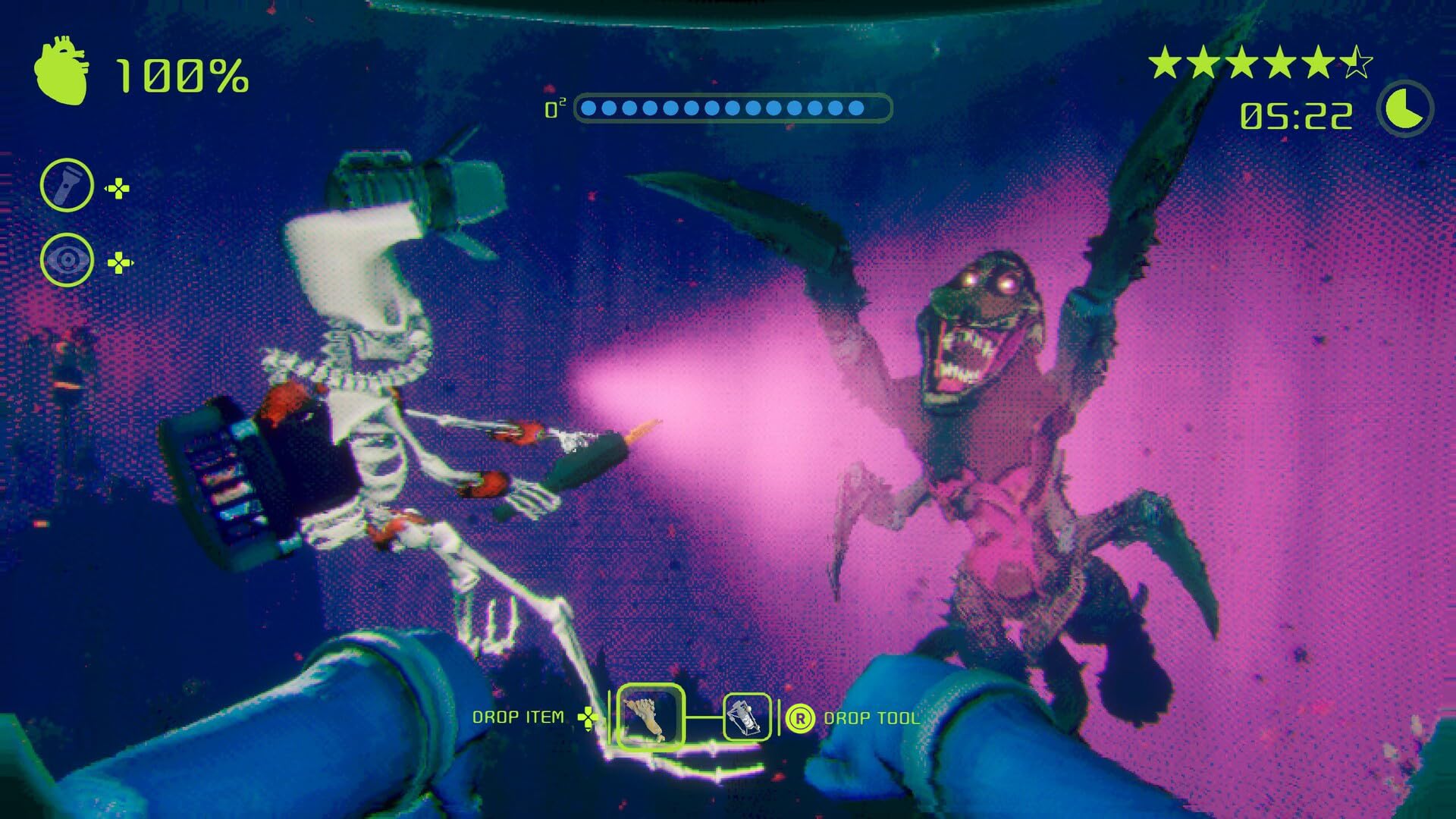 Screenshot from Murky Divers PharmaCorps Edition PS5 game showing underwater exploration with divers in a murky ocean environment.