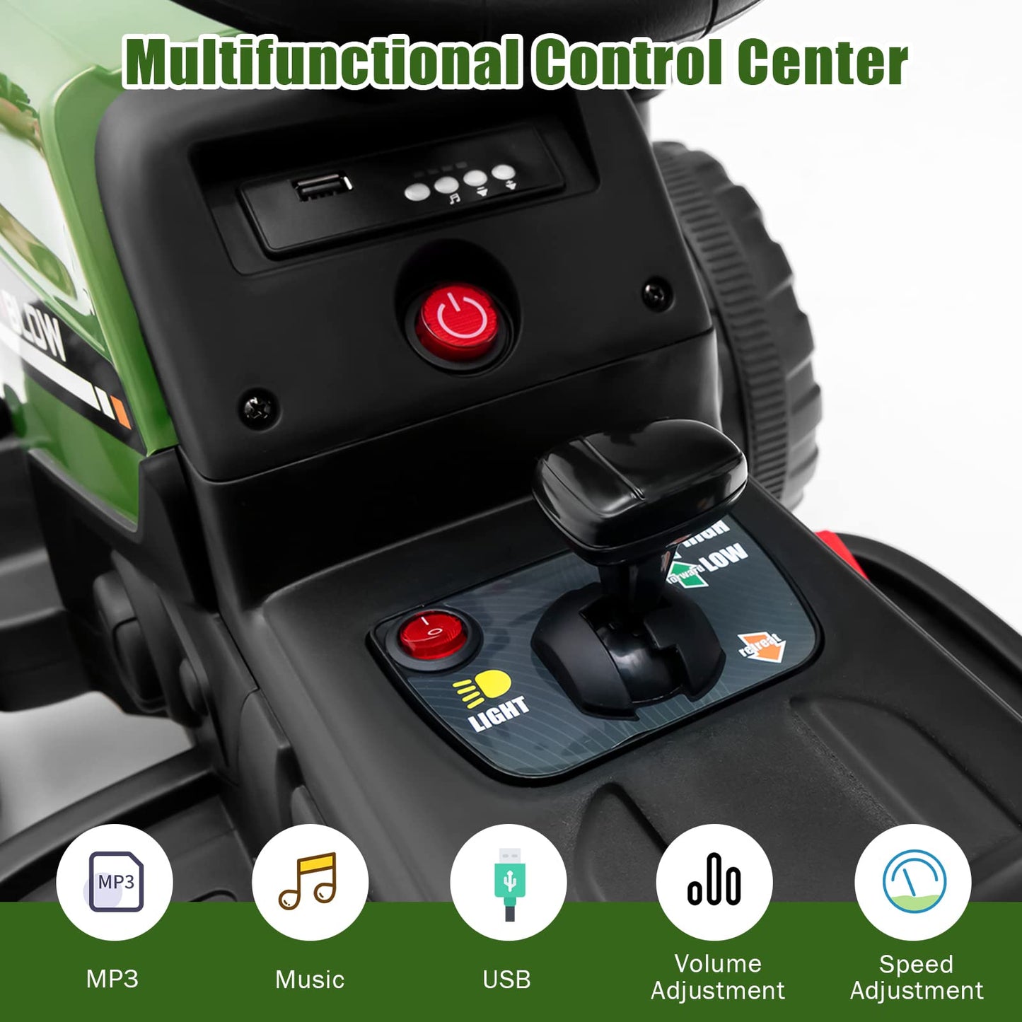 Dark green COSTWAY ride-on tractor and trailer for kids, 12V electric toy with LED lights, remote control, USB, Bluetooth, four wheels