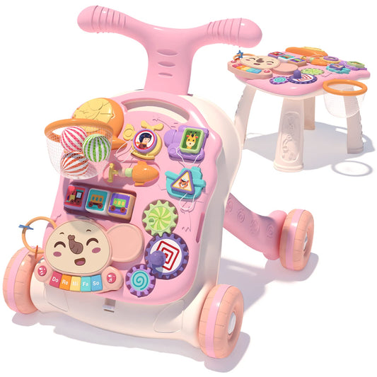 QDRAGON 3-in-1 baby walker and activity center for girls, with push toy, sitting to standing support, and learning features for infants.