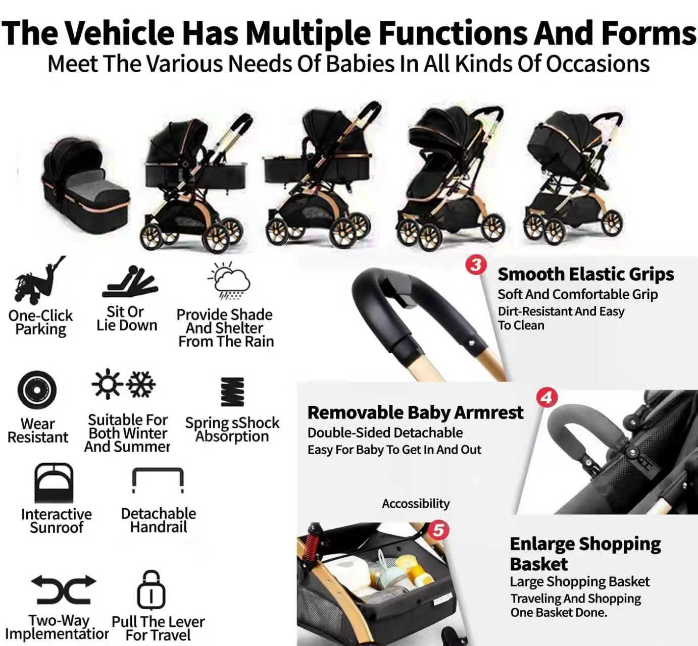Rexhan Baby Pram, 2 in 1 Foldable Baby Buggy, Reversible Pushchair, All in One Stroller, Newborns, Toddlers, Infants, 0-4 Years, Aluminium Frame, Shock Absorbers, Lightweight