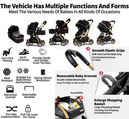 Rexhan Baby Pram, 2 in 1 Foldable Baby Buggy, Reversible Pushchair, All in One Stroller, Newborns, Toddlers, Infants, 0-4 Years, Aluminium Frame, Shock Absorbers, Lightweight