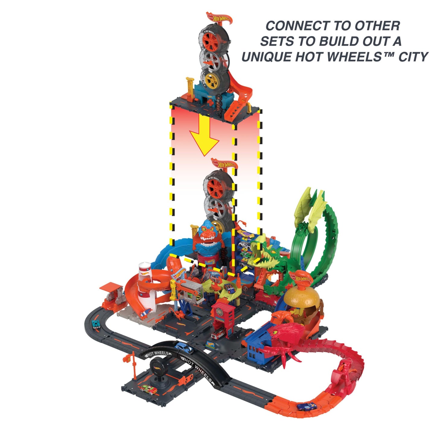 Hot Wheels City Super Twist Tire Shop Playset with spinning tires and included Hot Wheels car for kids ages 4 to 8.