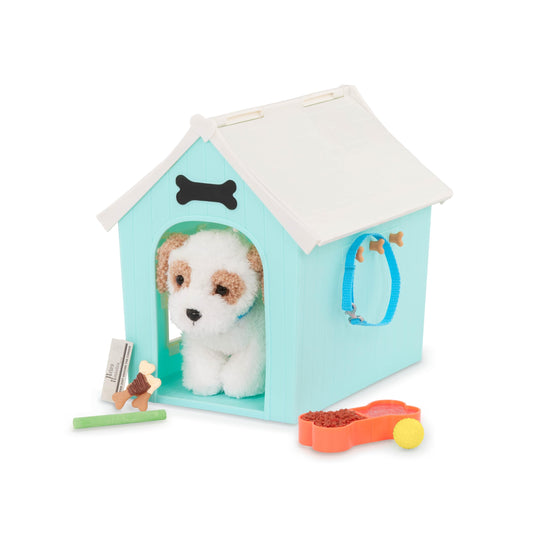 Our Generation dog house playset with plush puppy, accessories for 18-inch dolls, perfect for pretend play.