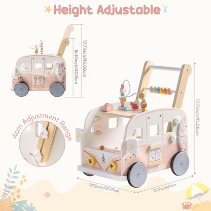 ROBUD Wooden Baby Walker with tropical beach bus design, adjustable height and speed, supports motor skills development for toddlers.