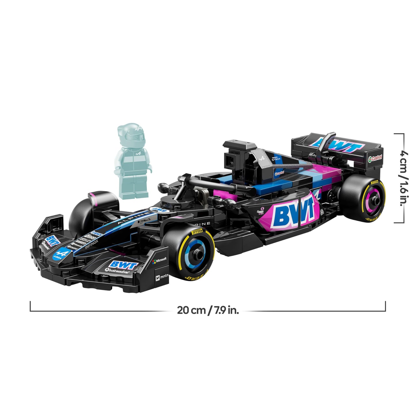LEGO Speed Champions BWT Alpine F1 Team A524 race car toy with collectible Formula 1 driver minifigure on display.