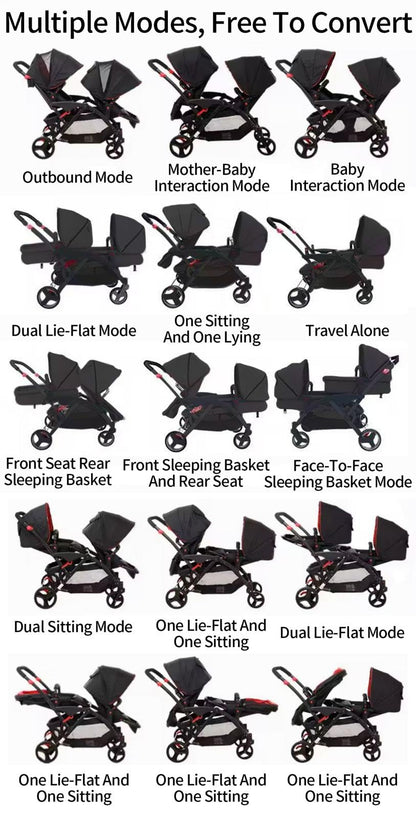 Rexhan Twin Baby Pram, 2 in 1 Foldable Double Baby Buggy, Reversible Tandem Pushchair, Twin All in One Stroller, Newborns, Toddlers, 0-4 Years, Aluminium Frame, Lightweight
