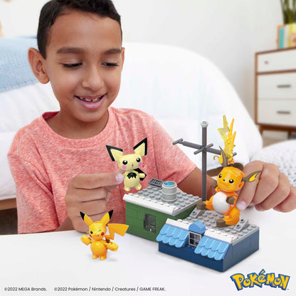 Pikachu evolution set featuring 3 poseable Pokémon characters and 159 building pieces by Mega Brands.