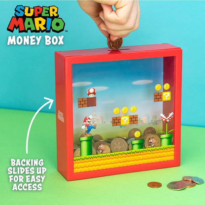 Super Mario money box piggy bank by Paladone featuring Super Mario character for savings and Mario Bros fans, 18cm tall.