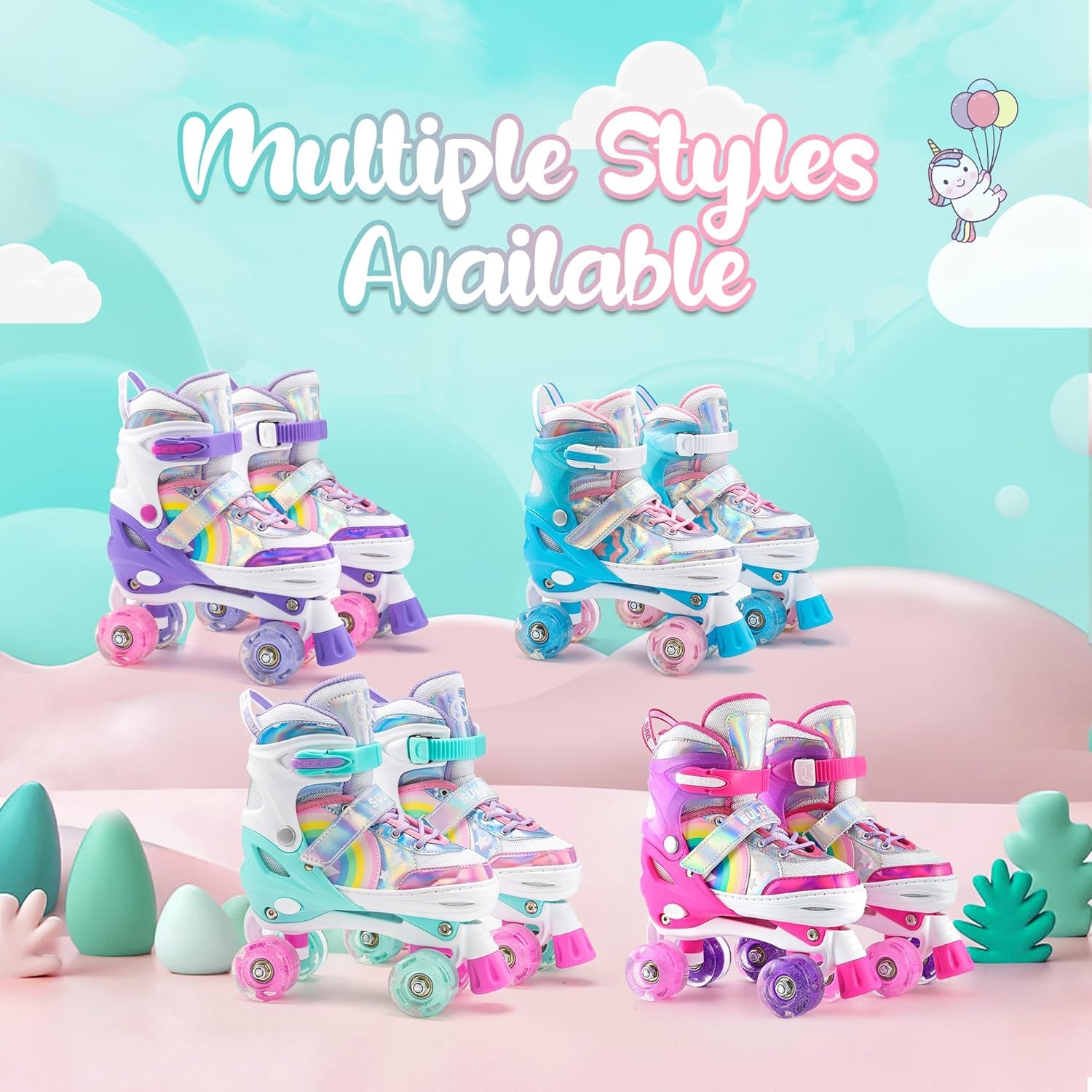 SULIFEEL Rainbow Unicorn light-up roller skates for kids, adjustable size 9C-12C UK, with colorful unicorn design and LED lights