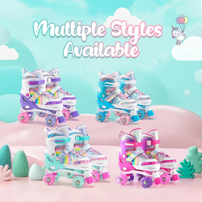 SULIFEEL Rainbow Unicorn light-up roller skates for kids, adjustable size 9C-12C UK, with colorful unicorn design and LED lights