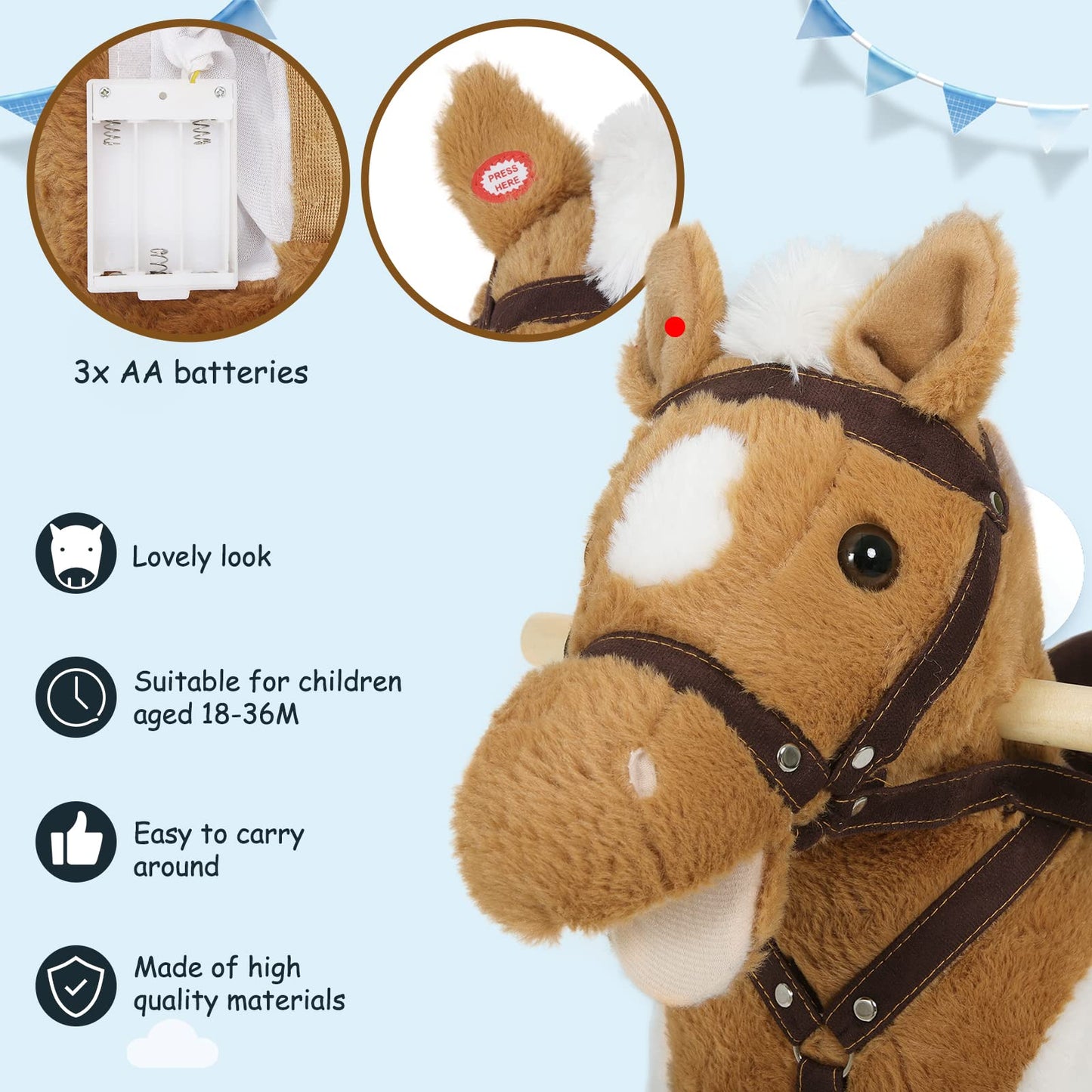 WOLTU Wooden Baby Rocking Horse, Plush Ride-on Toy with Sound and Stirrups, Toddler Rocker for Kids Aged 1–3, Brown, Seat Height 44cm
