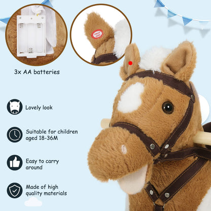 WOLTU Wooden Baby Rocking Horse, Plush Ride-on Toy with Sound and Stirrups, Toddler Rocker for Kids Aged 1–3, Brown, Seat Height 44cm