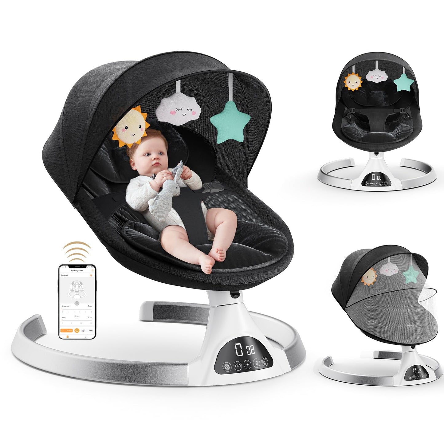Black electric baby bouncer chair by Ixdregan with remote, Bluetooth, 5 swing speeds, 3 timers, and soft padded seat for newborns.