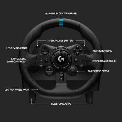 Logitech G G923 Racing Wheel and Pedals, TRUEFORCE up to 1000 Hz Force Feedback, Responsive Driving Design, Dual Clutch Launch Control, Genuine Leather Wheel Cover, for PS5, PS4, PC, Mac - Black