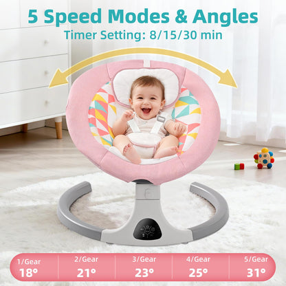 Cozydwells pink electric baby bouncer with Bluetooth, remote control, 5 swing speeds, adjustable angles, detachable tray, and mosquito net