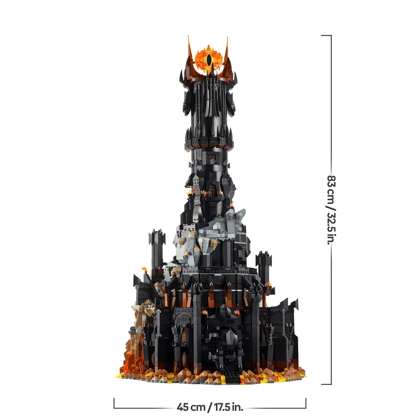 LEGO Icons Barad-dûr model set with Sauron, Gothmog, Orc, Frodo, Sam, and Gollum minifigures on display.