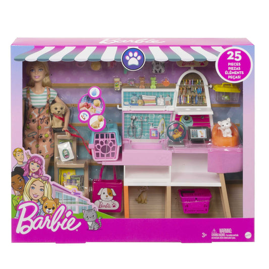 Barbie doll with blonde hair in a pet boutique playset featuring four pets and color-change grooming accessories.