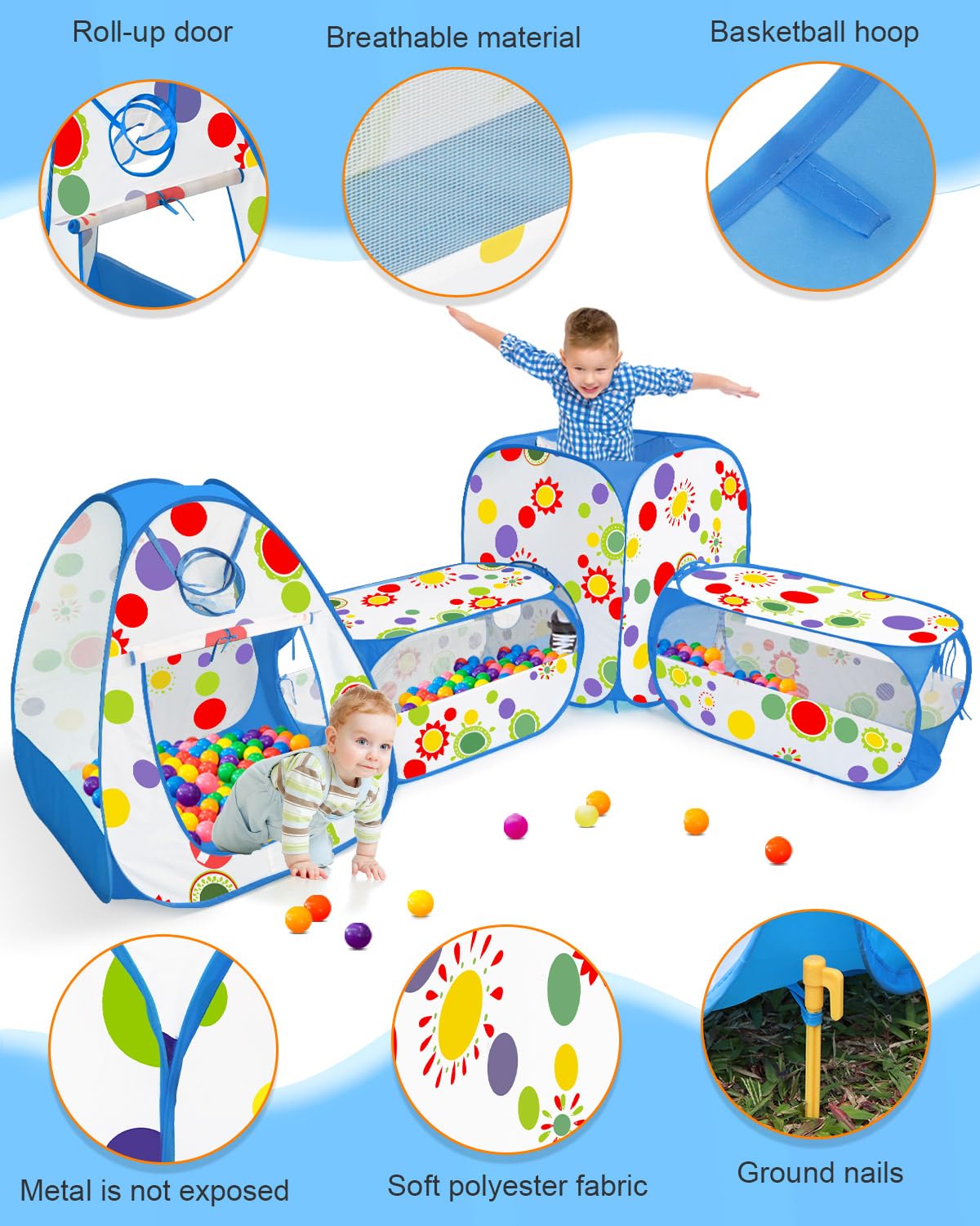 MAIKEHIGH Play Tent Tunnel, 4 in 1 Pop Up Tents Foldable Ball Pit Crawl Tunnel Indoor Outdoor Garden Game Boys Girls Baby Kids Gifts