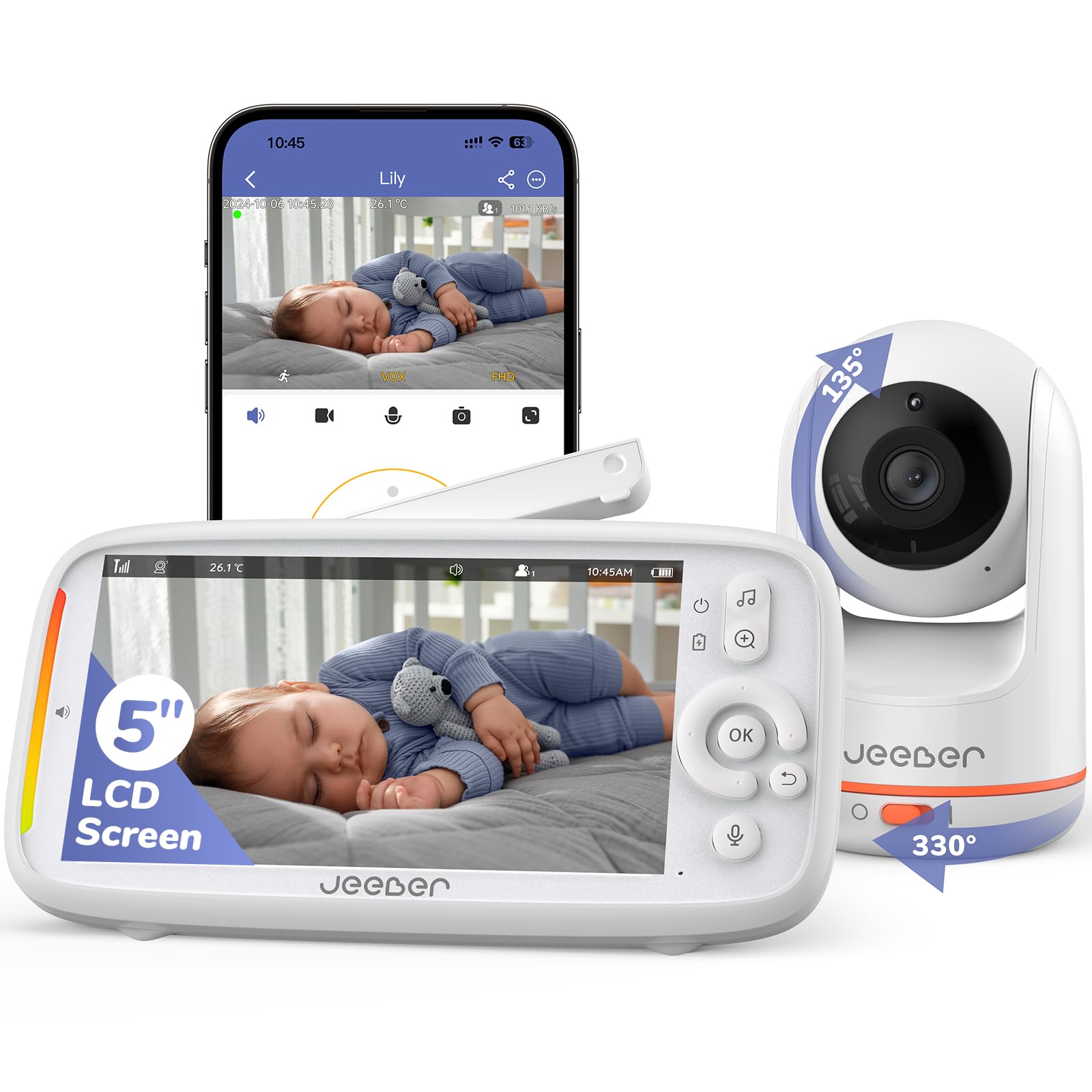 jeeber 2K Wifi Smart Baby Monitor with camera, 5'' screen, night vision, two-way talk, motion detection, and PTZ control